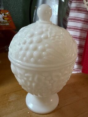 White Milk Glass Covered Pedestal Candy Dish